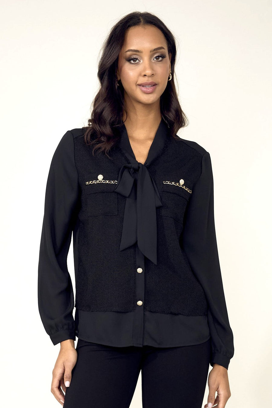 243454U Textured Panel Chain Pocket Bow Shirt