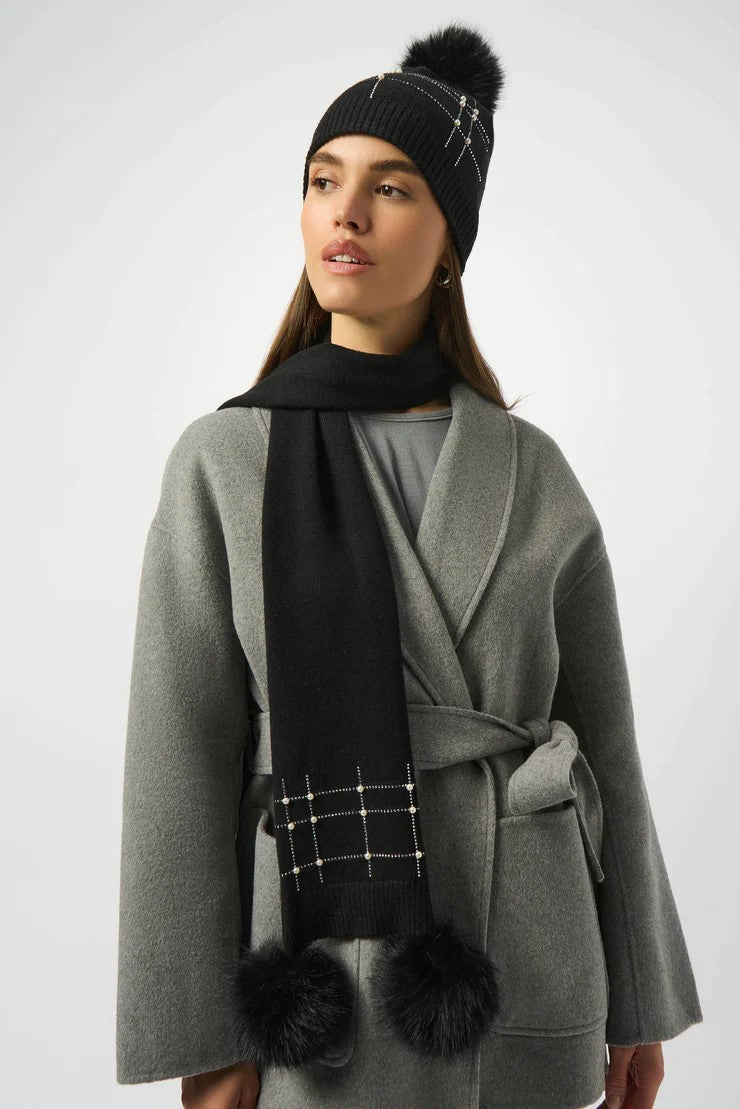 253970B Black Knitted Faux Fur & Pompom Scarf