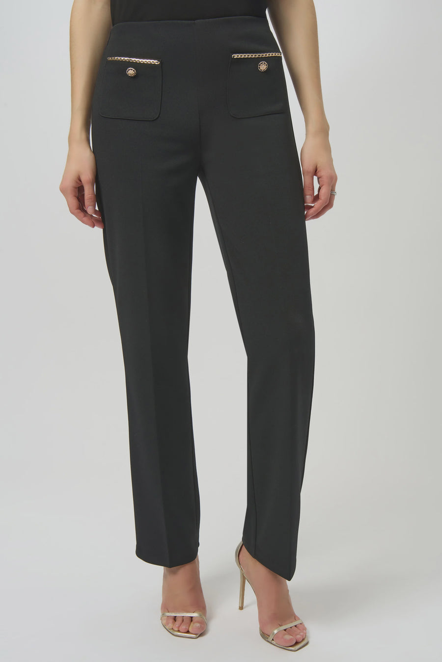 254043 Classic Taper Leg Gold Chain Trim Crepe Pant