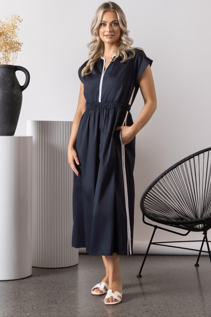 6118 Shirred Waist Contrast Edge Pocket Dress