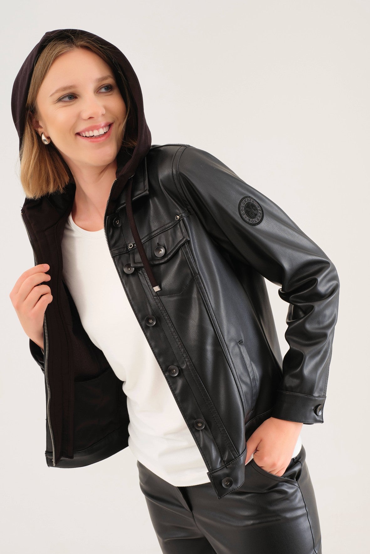 D75150 Eco Leather Hooded Denim Style Jacket