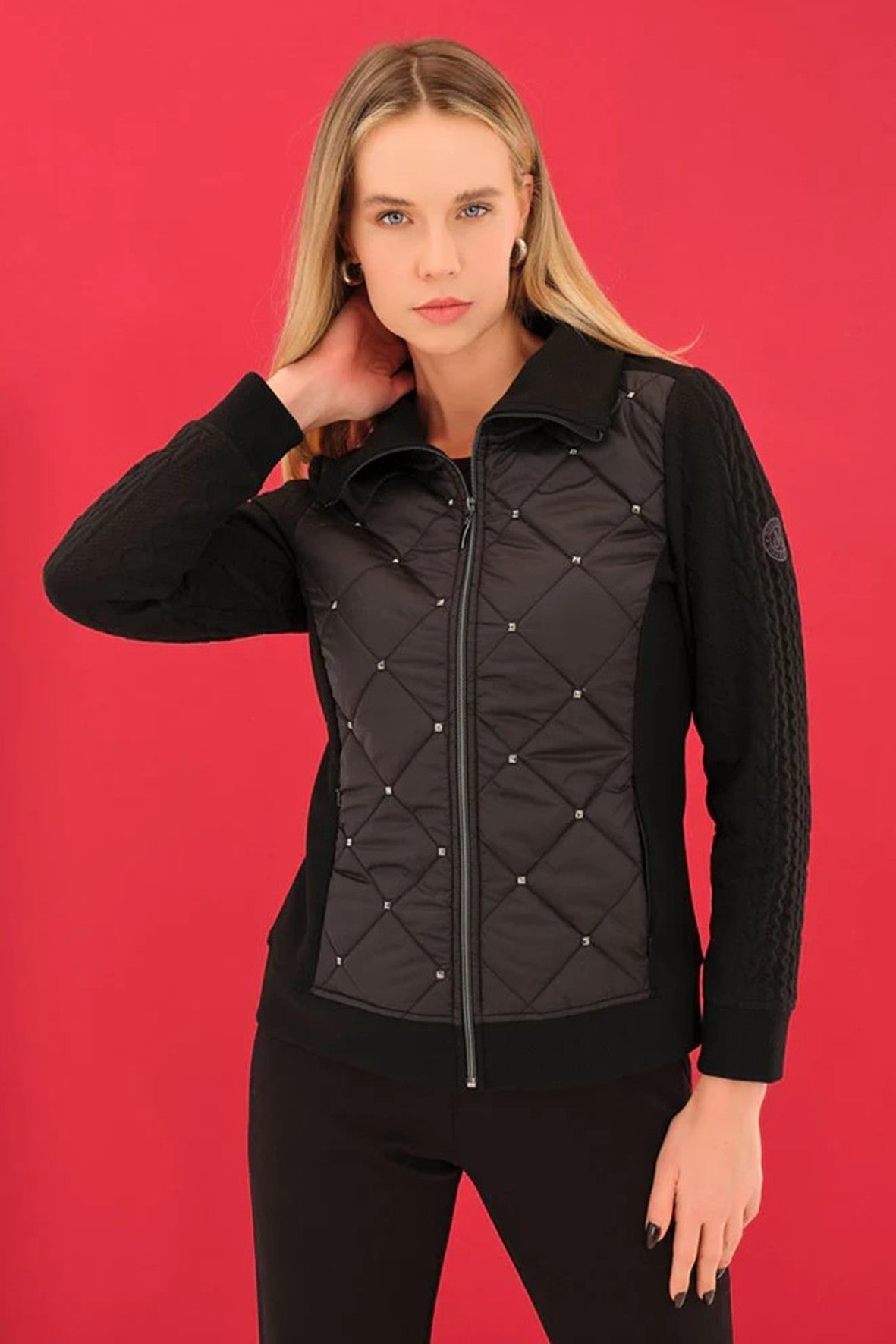 75156 BLACK Diamond Quilt & Cable Jacquard Zip Up Jacket