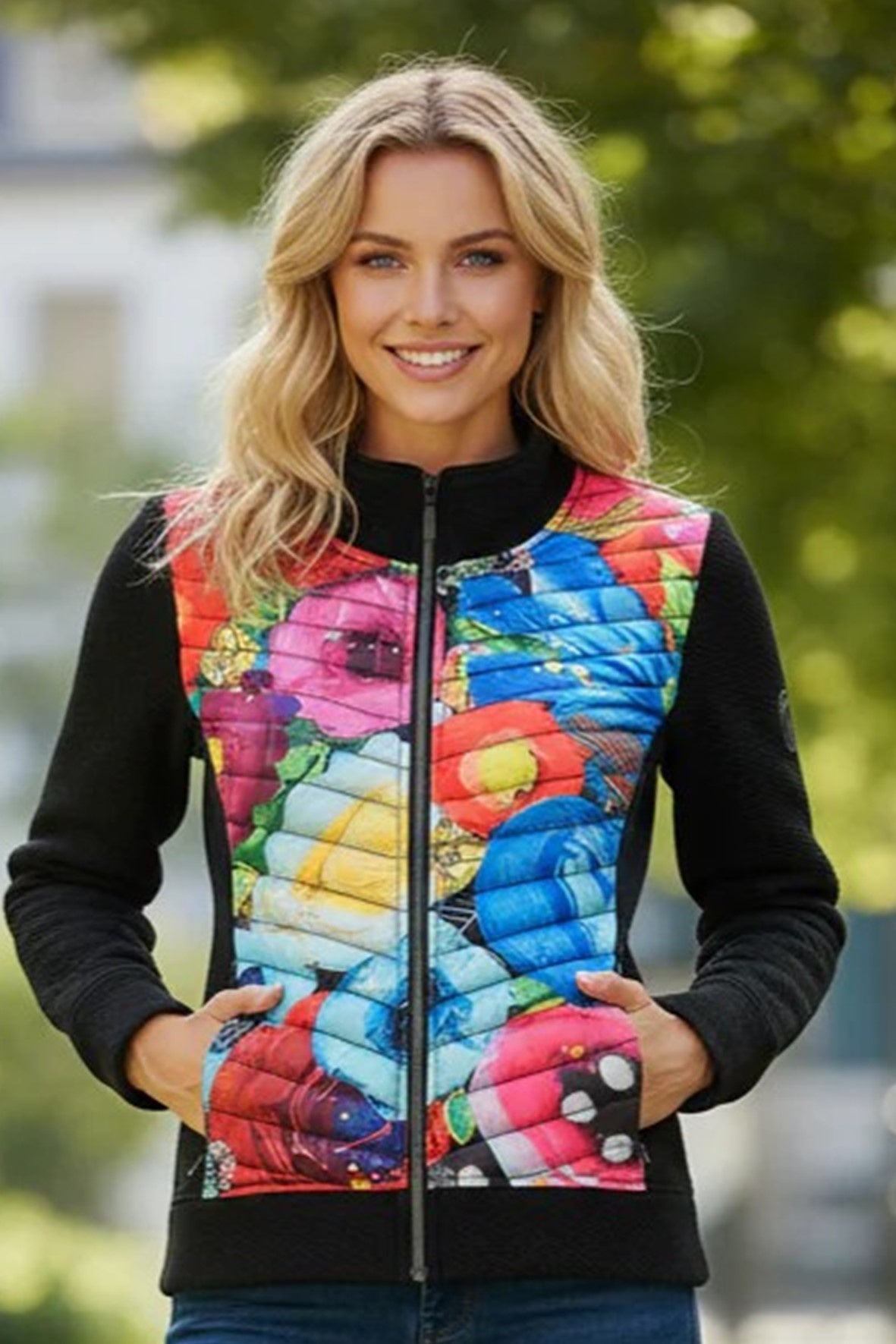 D75707 Flower Print Quitted Zip Up Jacket