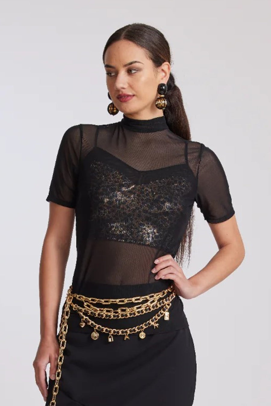 8931 BLACK Sheer Mesh Polo Tee
