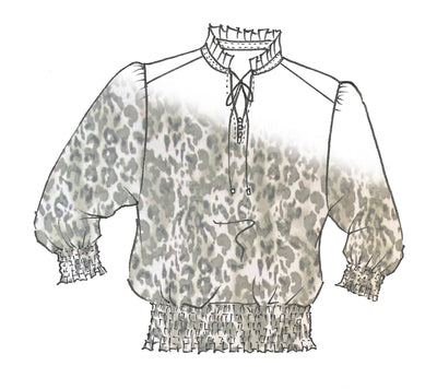9037 Shirred Waist Cheetah Silk Cotton Top