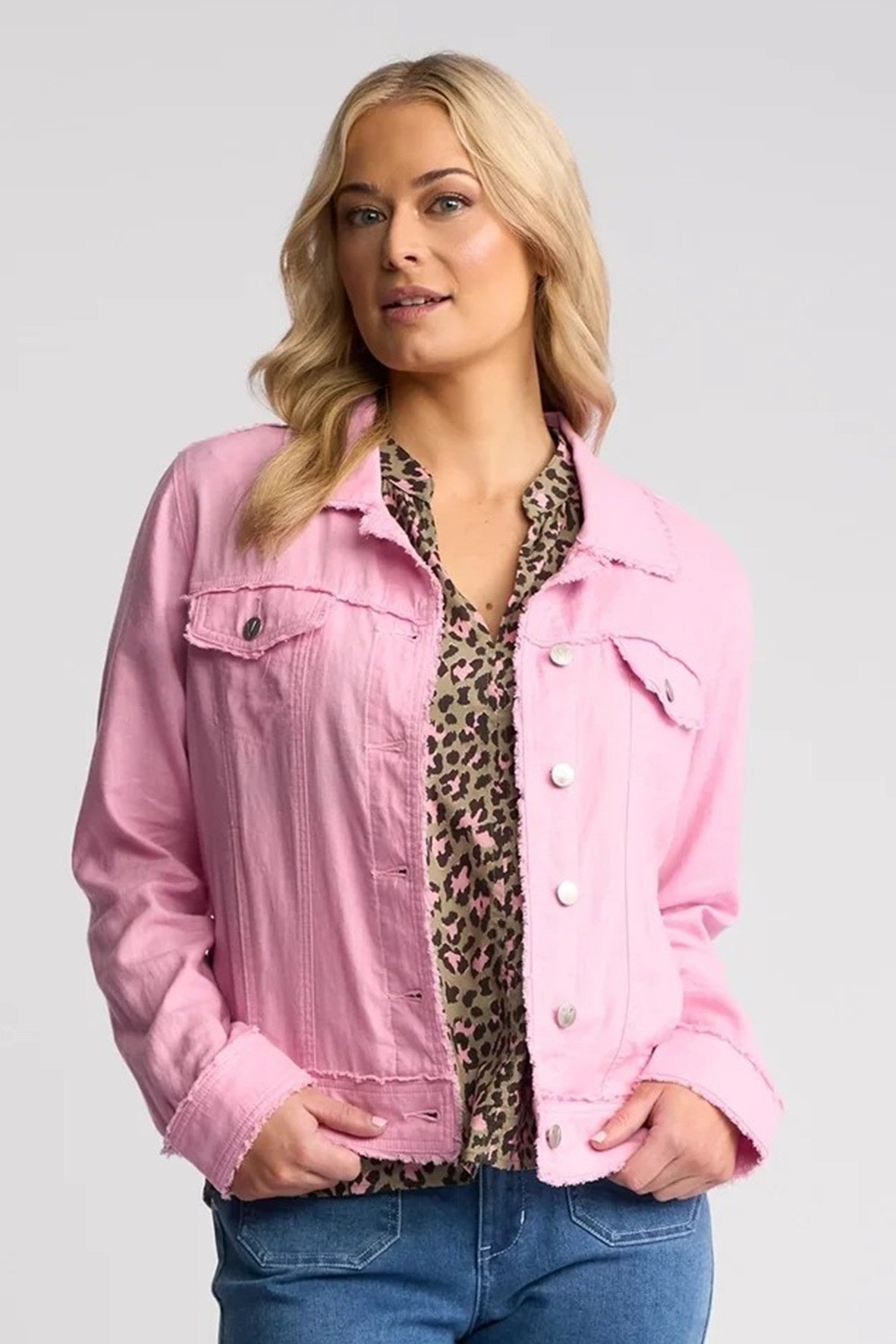 VS2026A PINK Linen Viscose Denim Style Fringe Trim Jacket