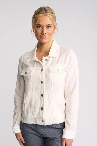 VS2026A WHITE Linen Viscose Denim Style Fringe Trim Jacket