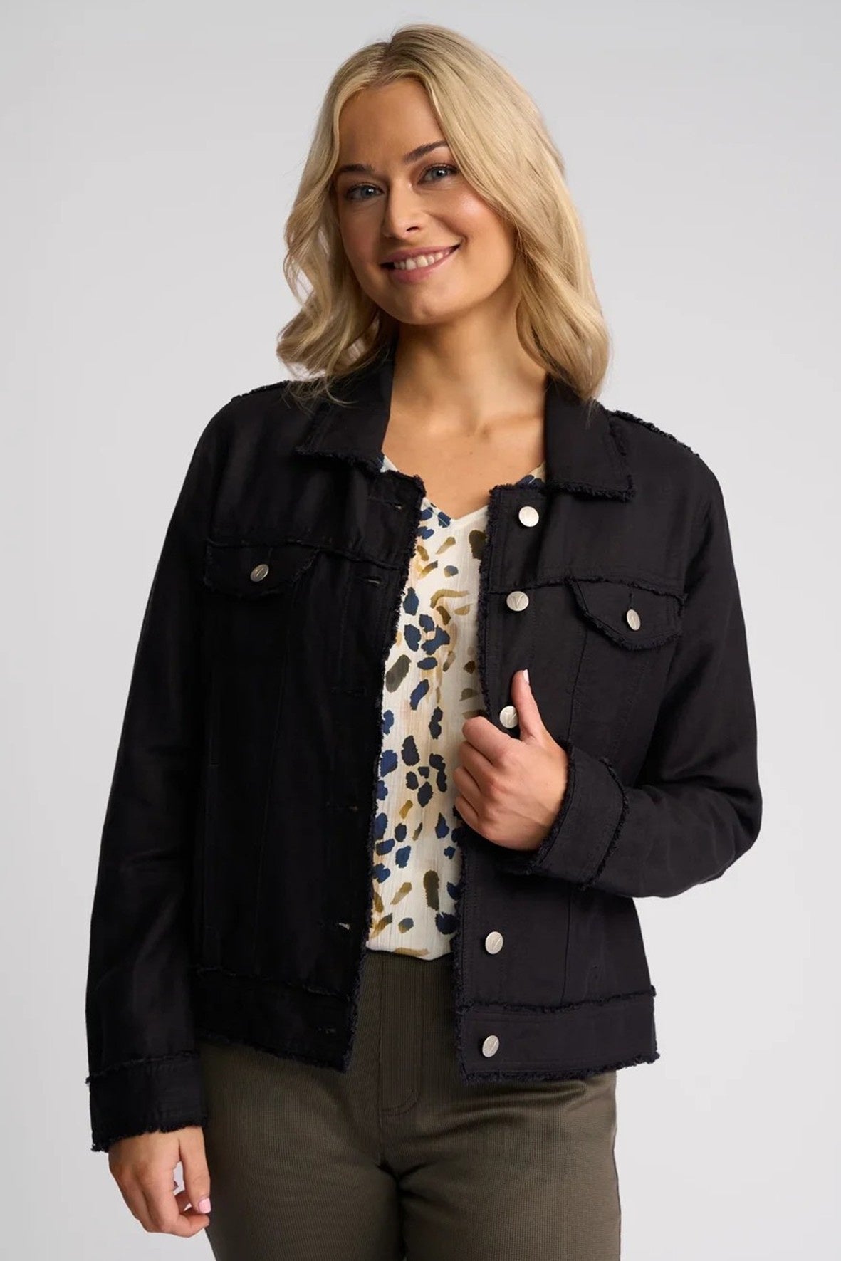 VS2026A NAVY Linen Viscose Denim Style Fringe Trim Jacket