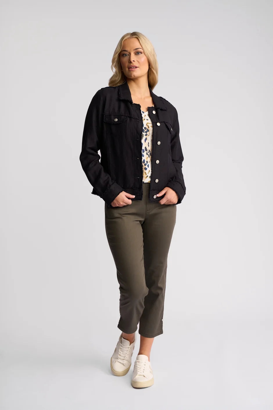 VS2026A NAVY Linen Viscose Denim Style Fringe Trim Jacket