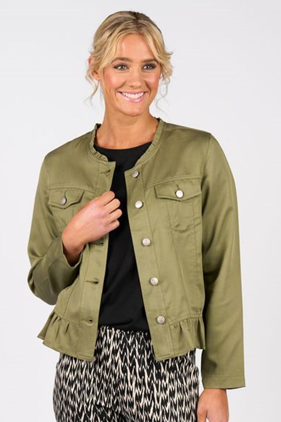 2047 Olive Ruffle Hem Tencel Denim Jacket