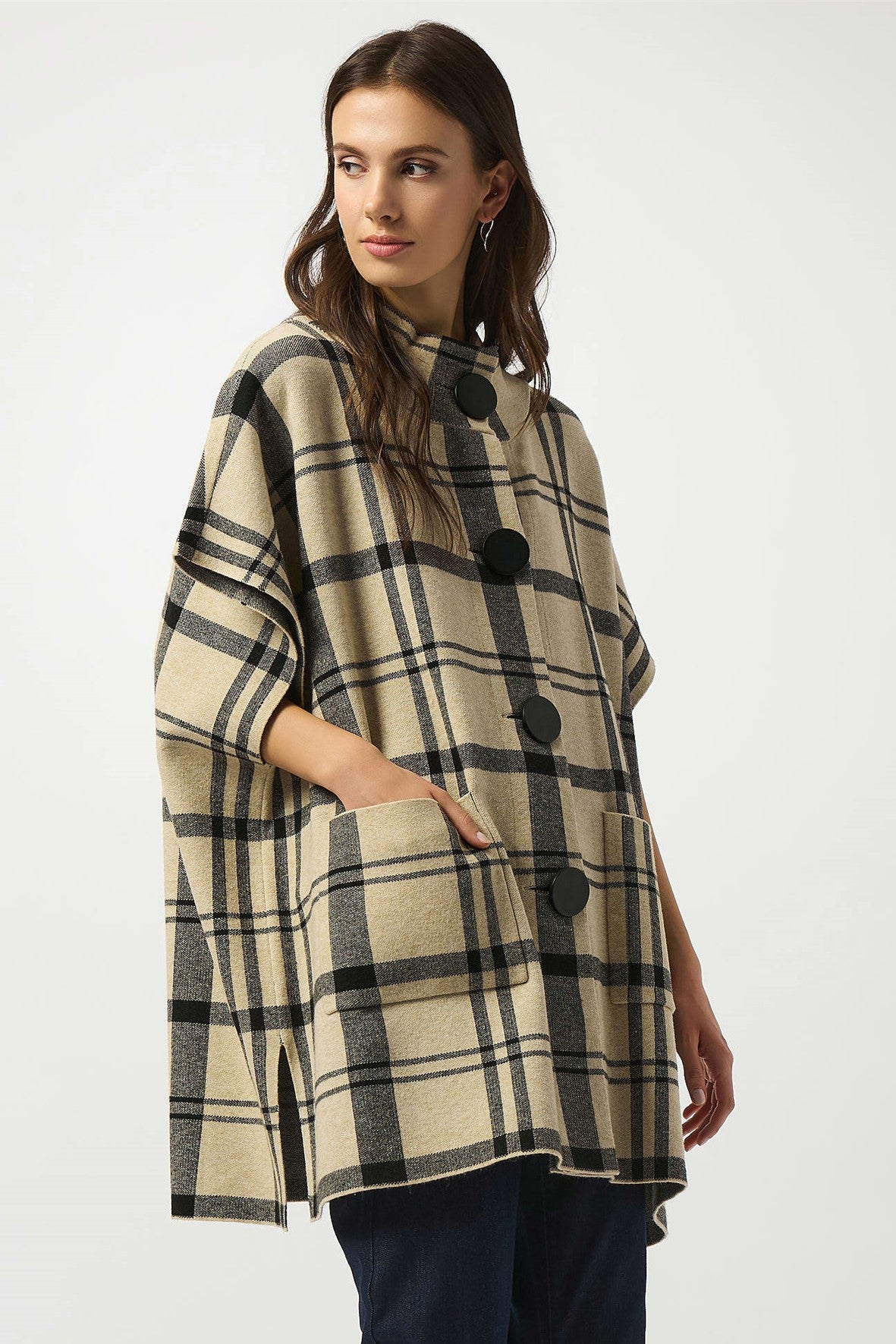 253903   Plaid Jacquard Knit Button Cape