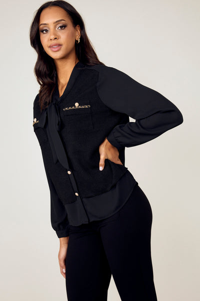 243454U Textured Panel Chain Pocket Bow Shirt