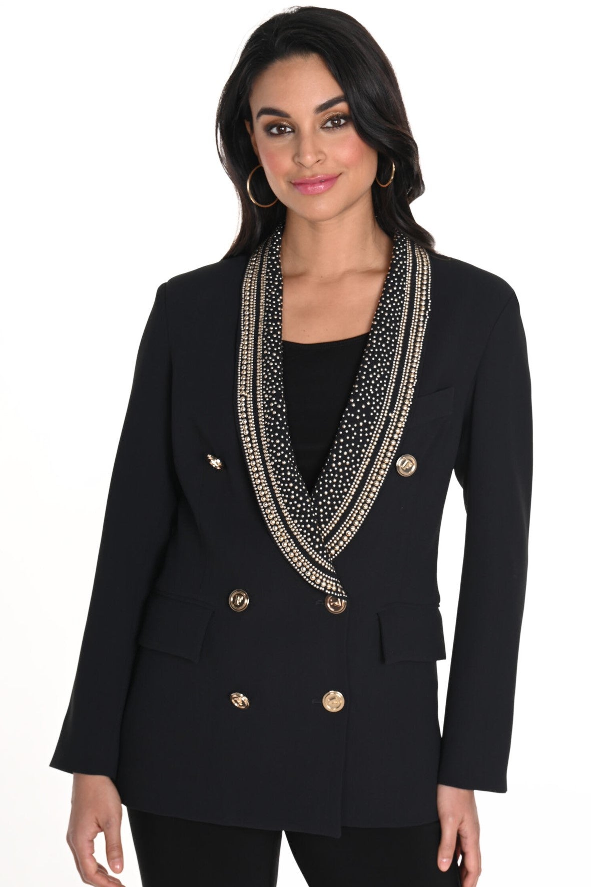 243476U Double Button Gold Lapel Mid-Length Blazer