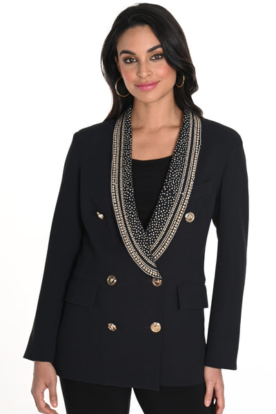 243476U Double Button Gold Lapel Mid-Length Blazer
