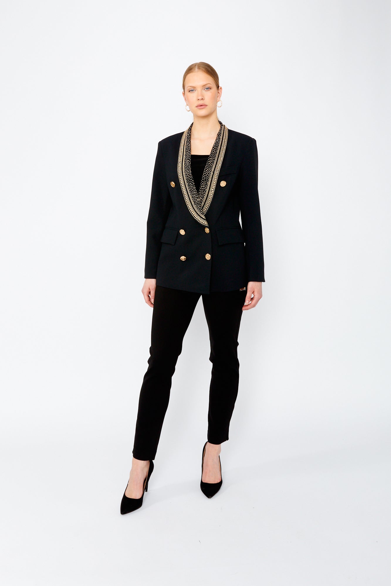 243476U Double Button Gold Lapel Mid-Length Blazer