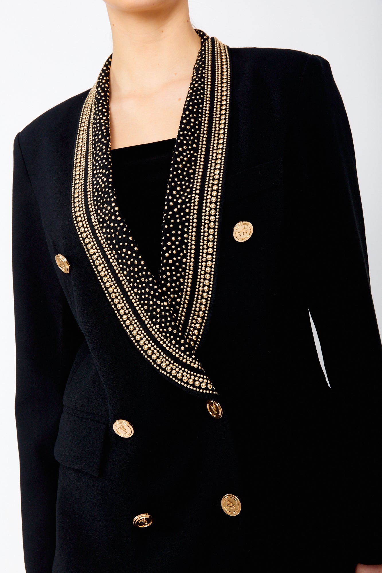 243476U Double Button Gold Lapel Mid-Length Blazer
