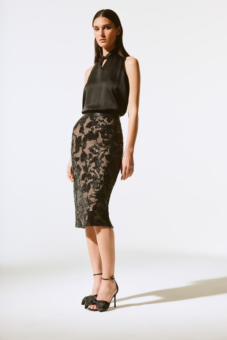 243710 Stretch Sequin Lace Pencil Skirt