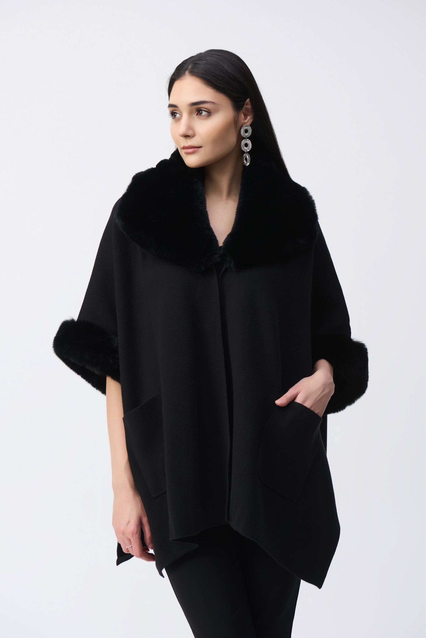 243930F25 Cozy Jacquard Fur Trim Drama Cape