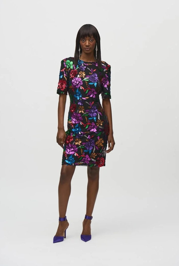 244180 Sequined Mesh Floral Sheath Dress