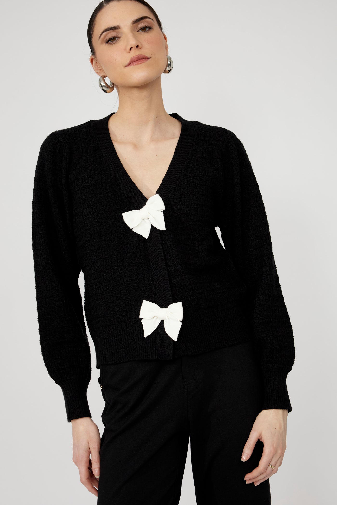 246224U Black Plush Rayon Blend Bow Cardigan