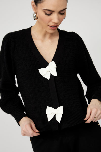 246224U Black Plush Rayon Blend Bow Cardigan