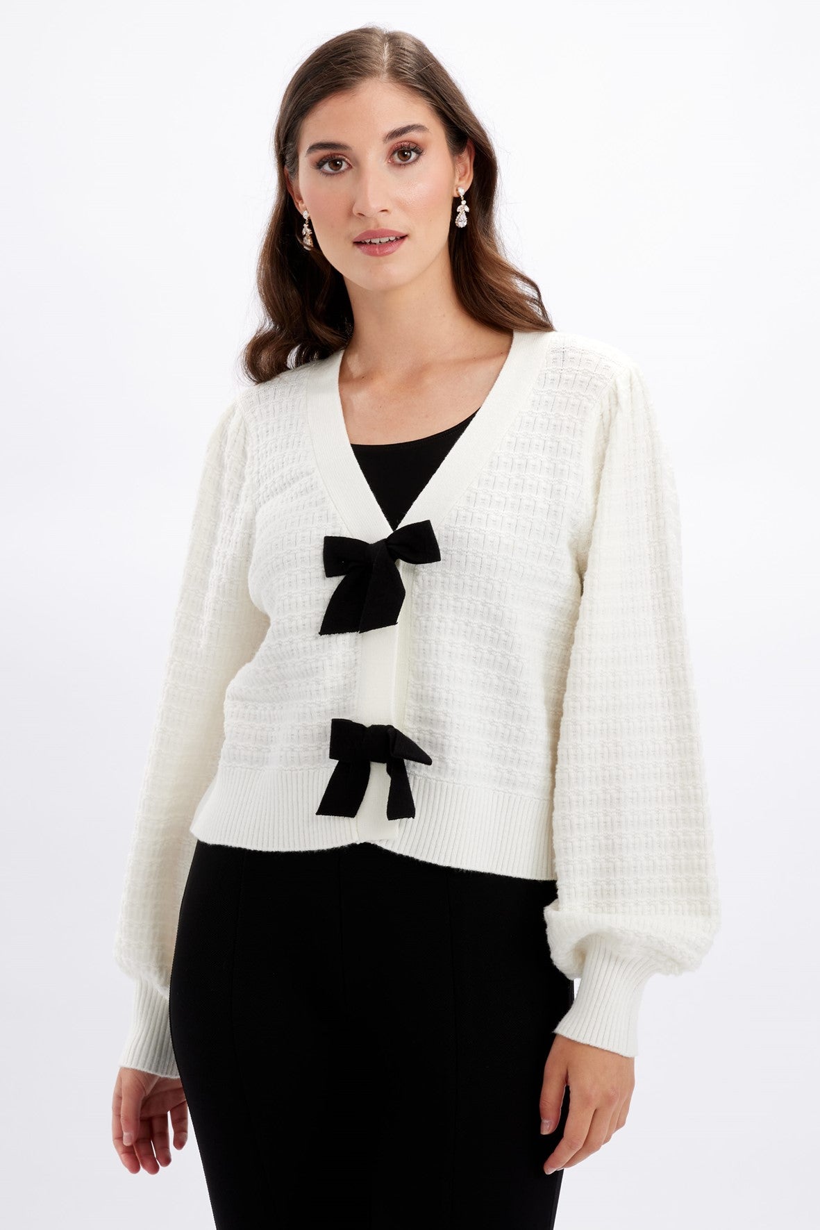 246224U Winter White Plush Rayon Blend Bow Cardigan