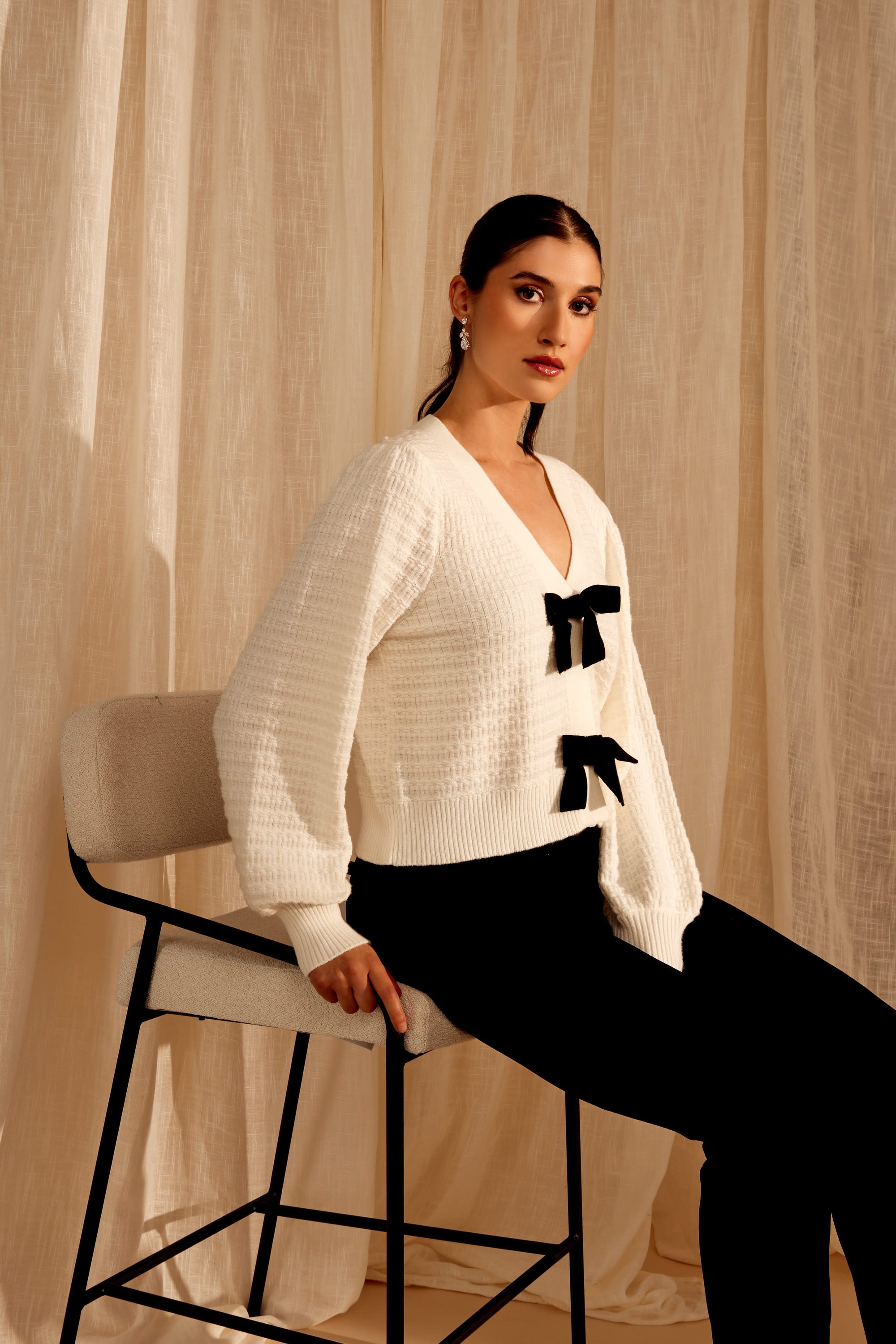 246224U Winter White Plush Rayon Blend Bow Cardigan