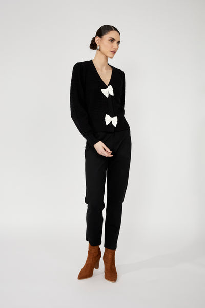246224U Black Plush Rayon Blend Bow Cardigan