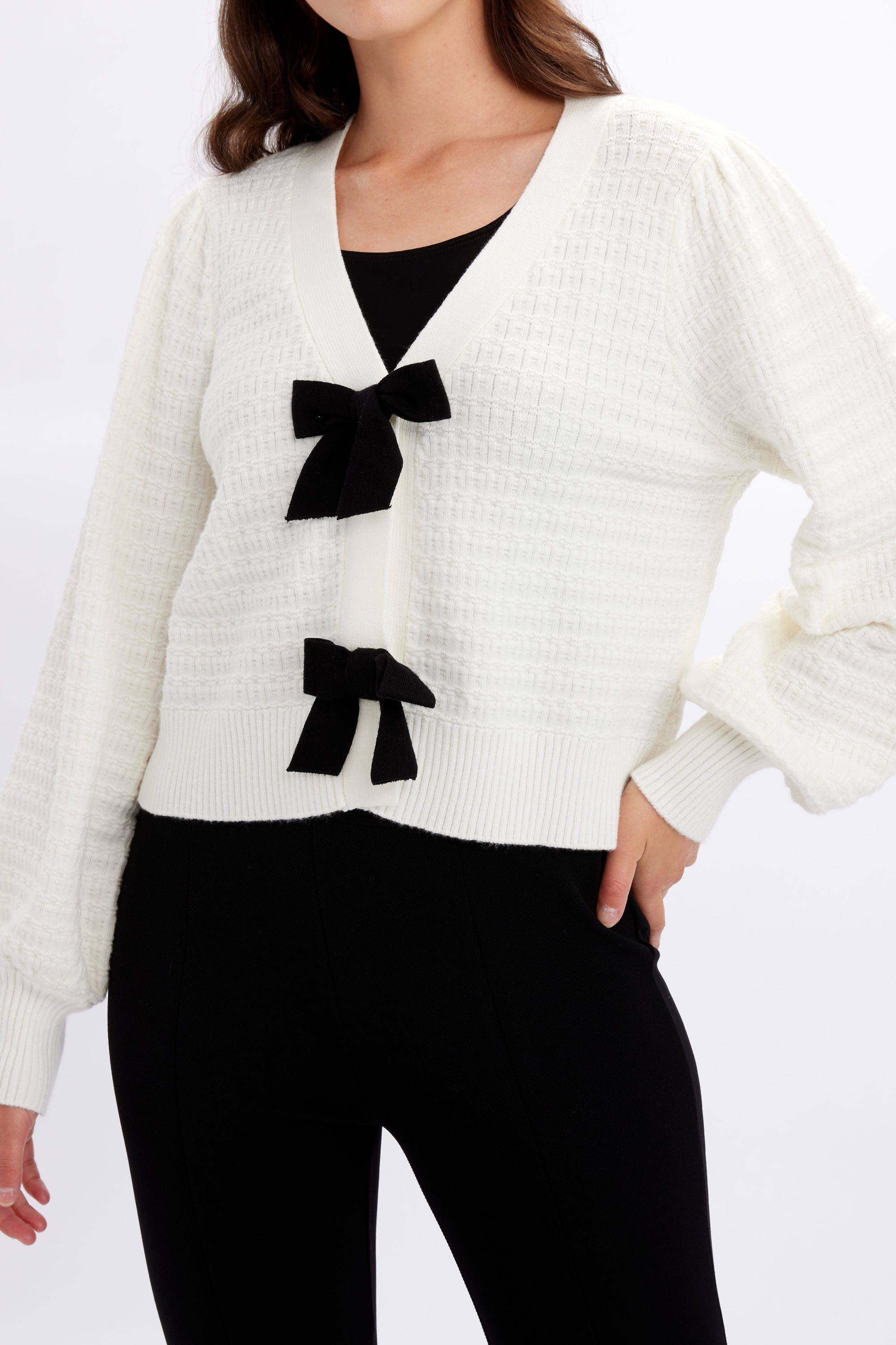 246224U Winter White Plush Rayon Blend Bow Cardigan