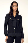 243454U Textured Panel Chain Pocket Bow Shirt