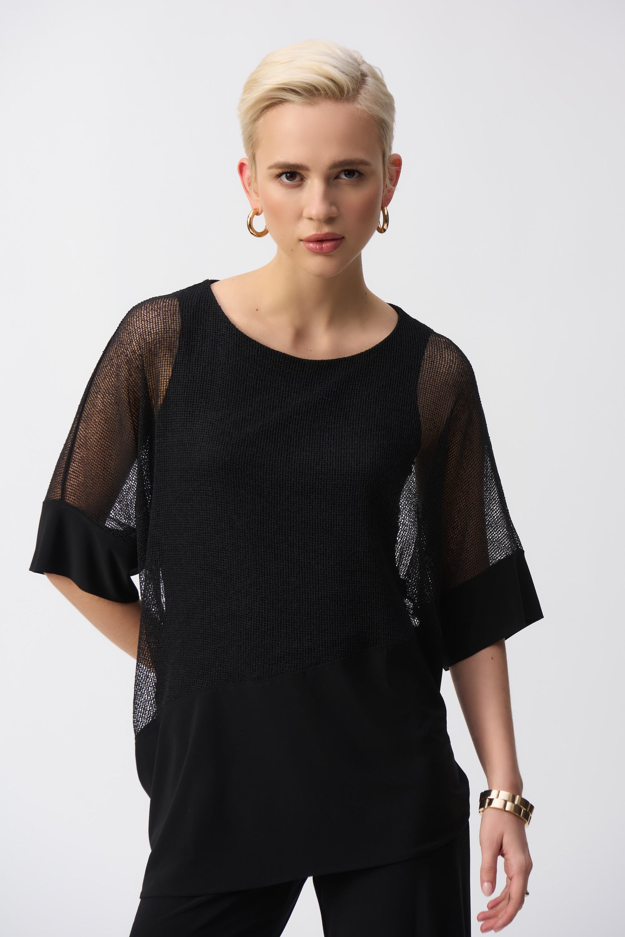 251092 BLACK Mesh And Silky Knit Cocoon Top