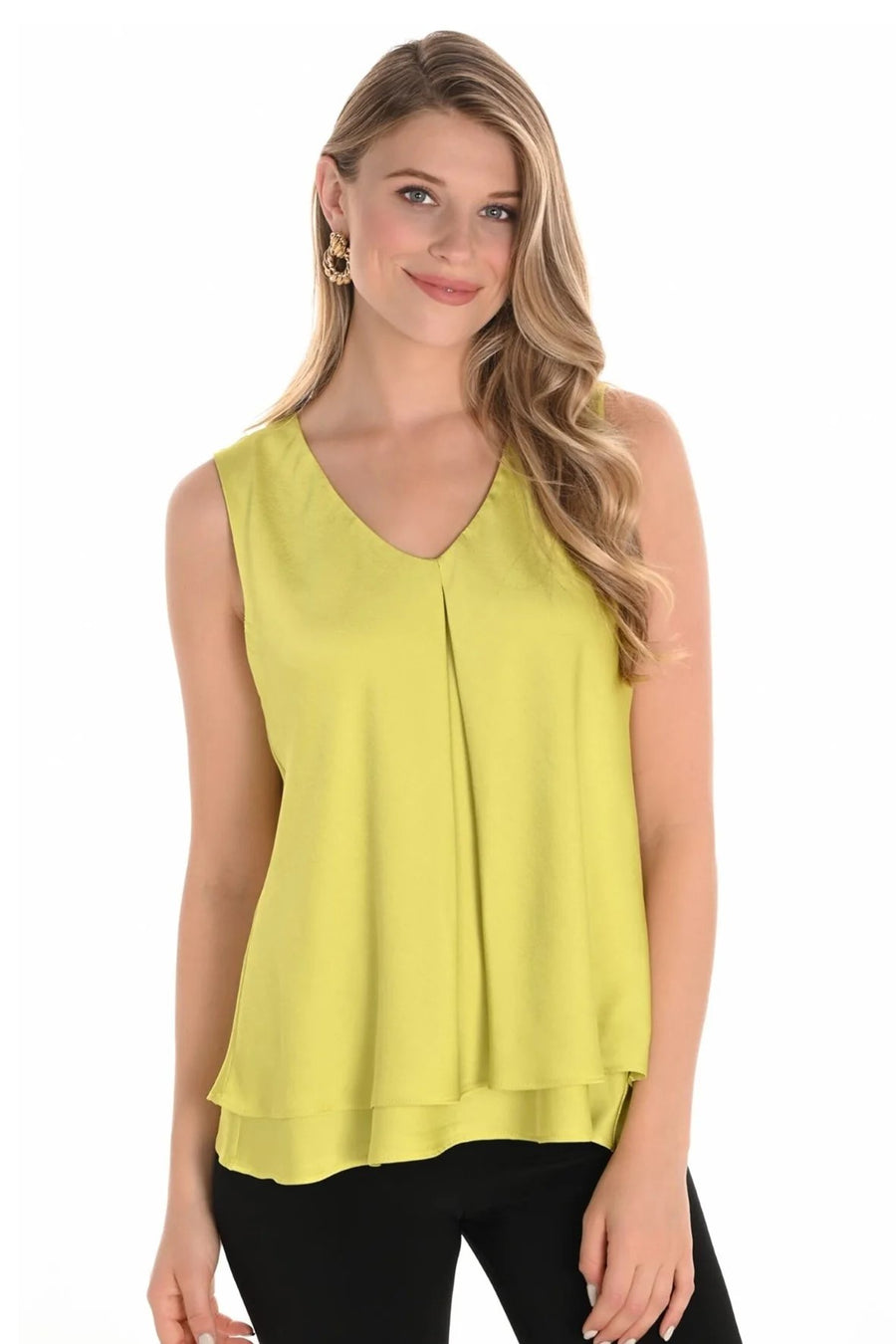 251250 CHARTREUSE V-Neck Luster Satin S/Less Layer Top
