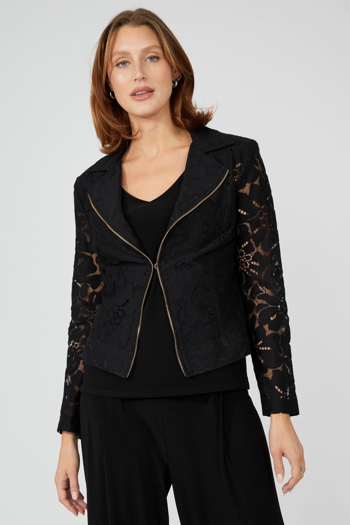 251268 Gold Zip Hook Front Lace Sleeve Biker Jacket