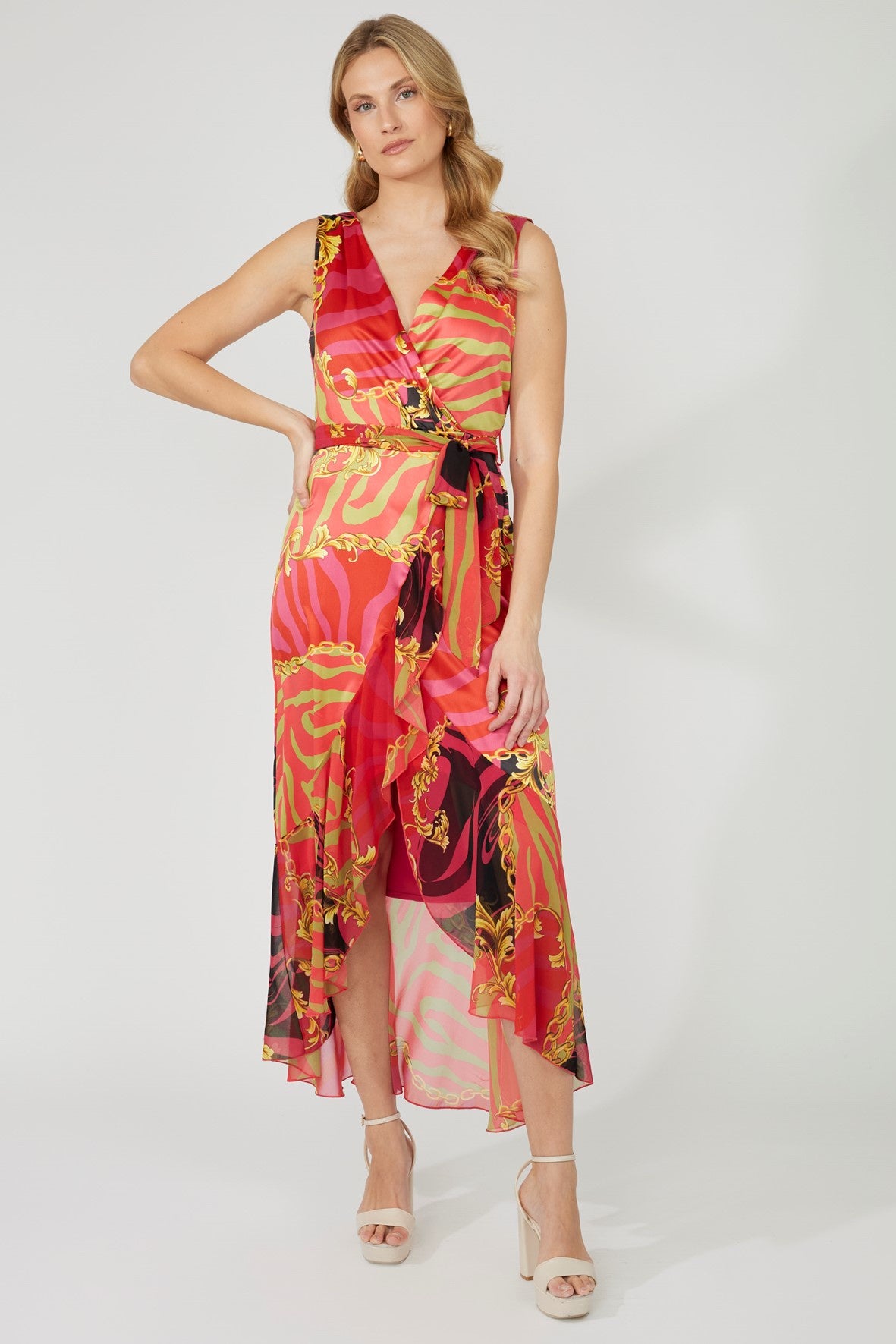 251218 Pink/Gold  Maxi Wrap Dress With Belt