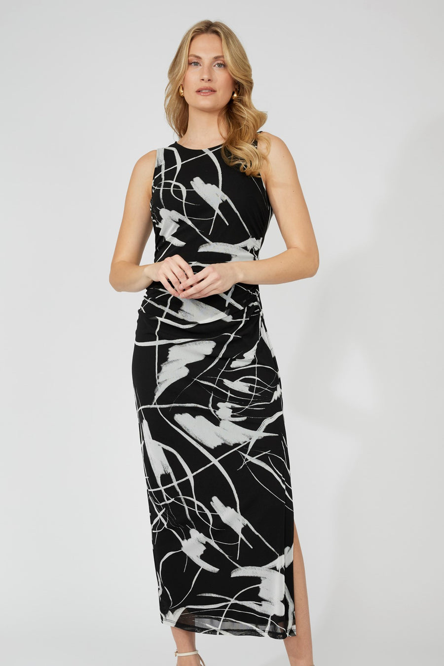 251343 Shaped Side Gather Knee Split Mesh Dress