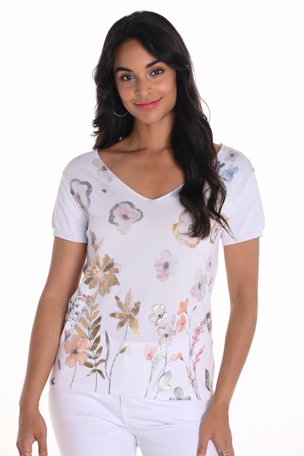 251552 Foil Print V Neck Short Sleeve Knit Top