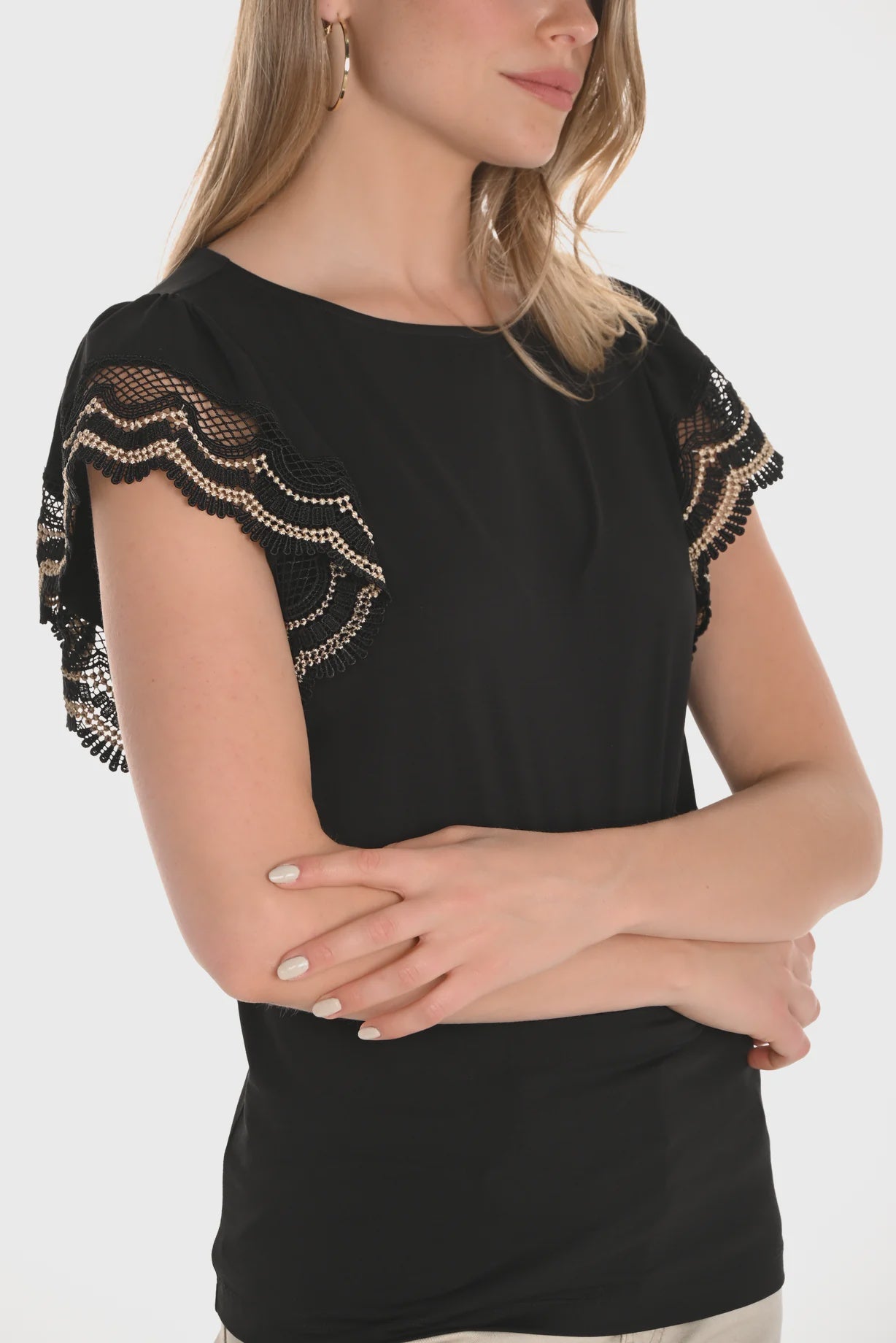 251582 Shaped Boat Neck With Lace Ruffle Sleeve