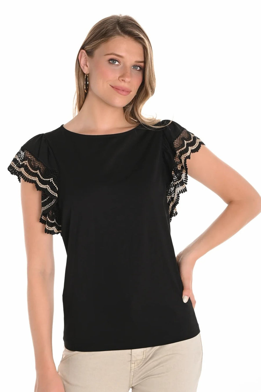 251582 Shaped Boat Neck With Lace Ruffle Sleeve