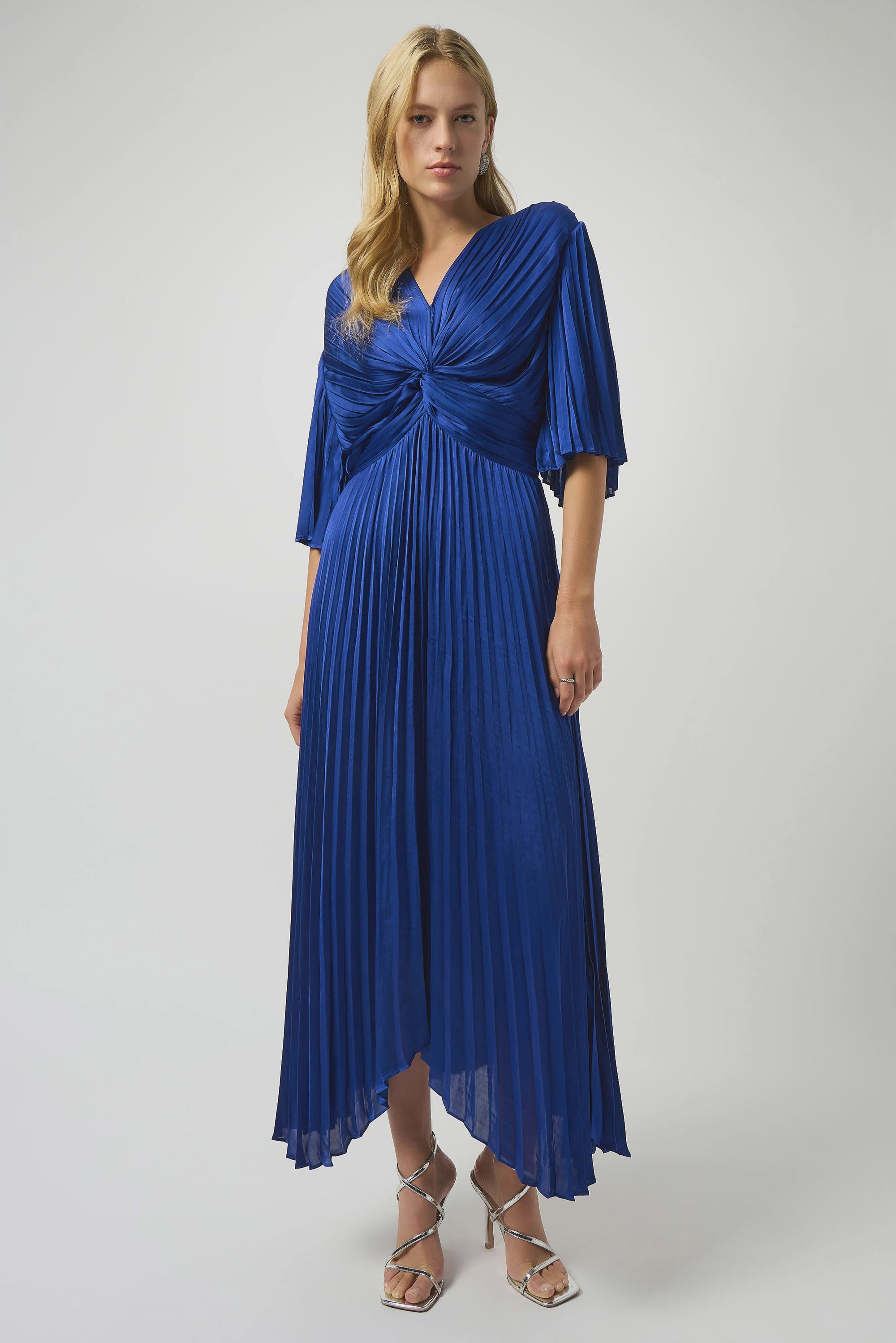 251903F25 Sapphire Mini Pleat V Neck Dress