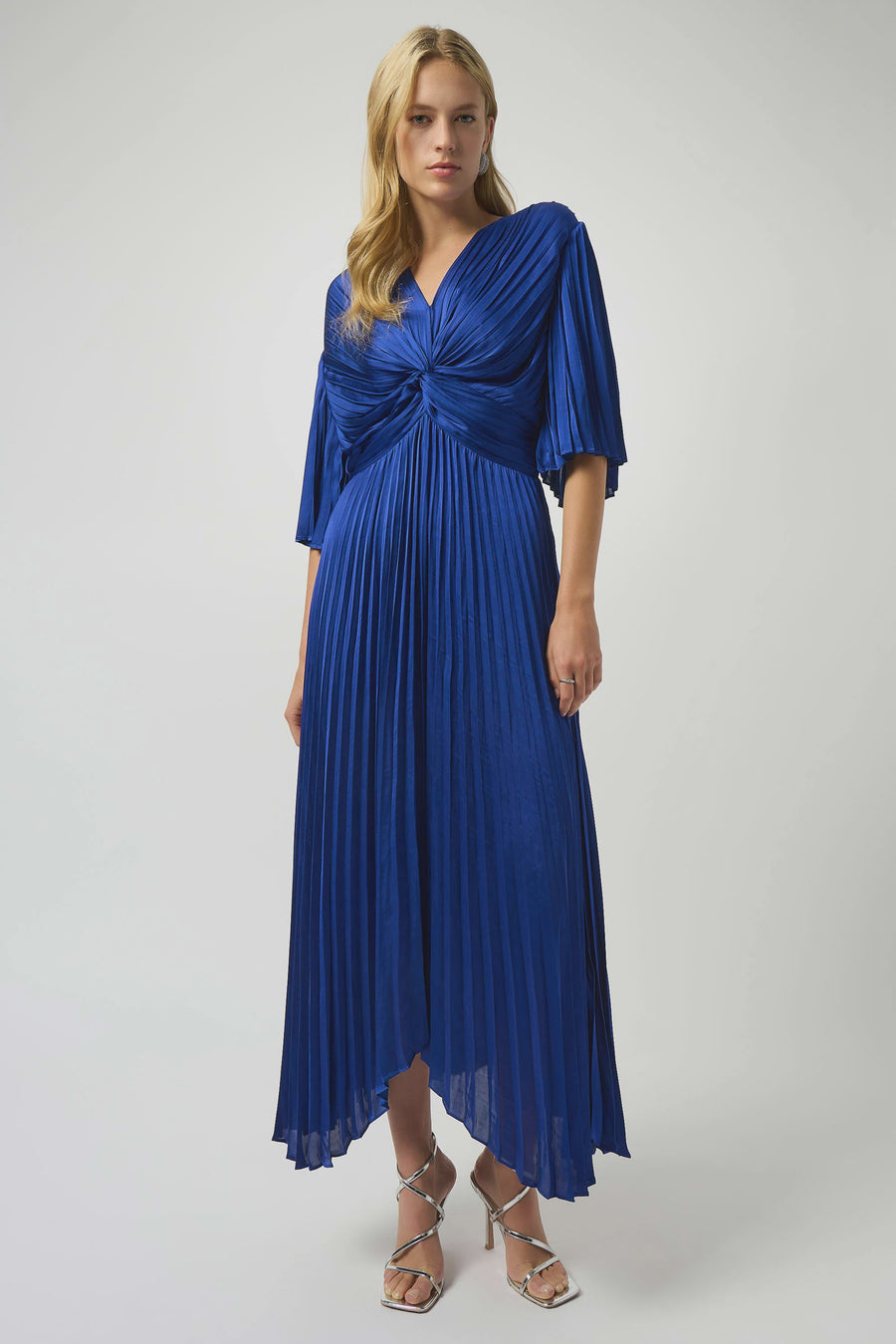 251903F25 Sapphire Mini Pleat V Neck Dress