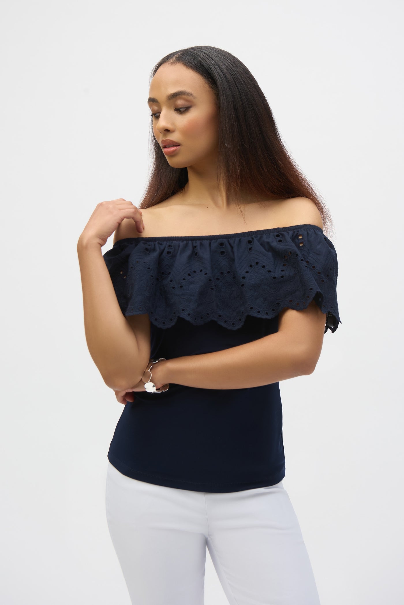 252134  Off-Shoulder Silky Knit & Lace Top