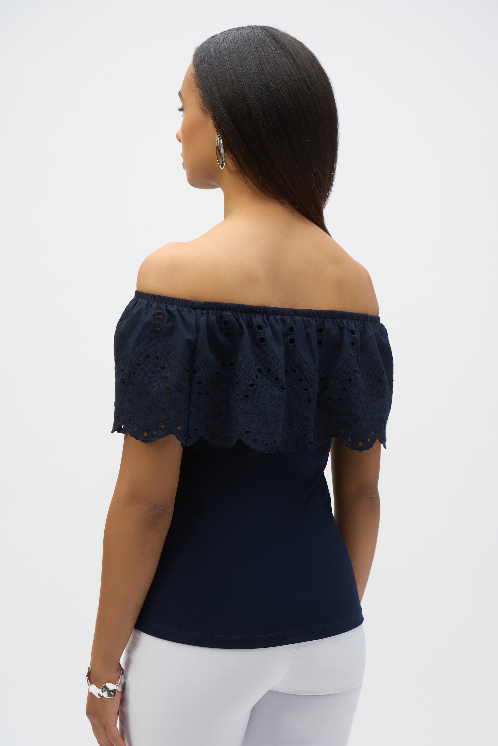 252134  Off-Shoulder Silky Knit & Lace Top
