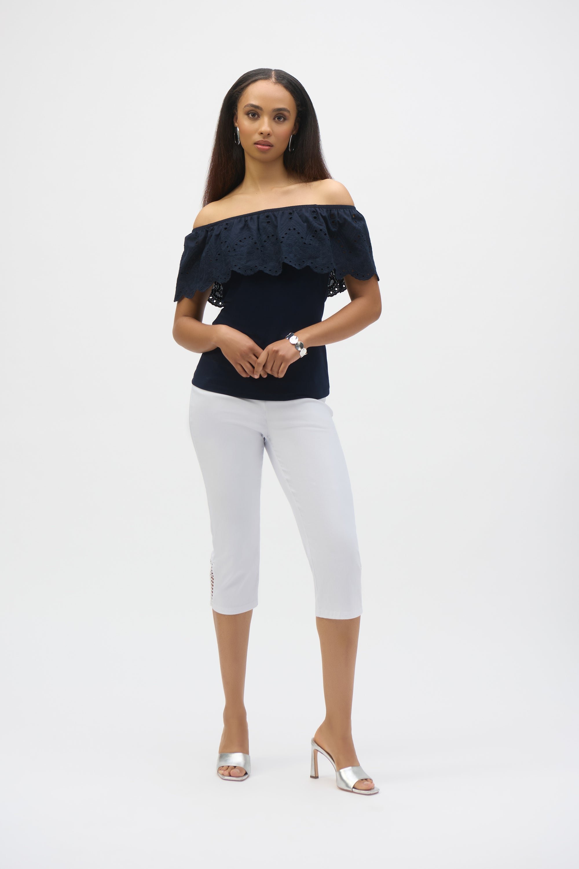 252134  Off-Shoulder Silky Knit & Lace Top