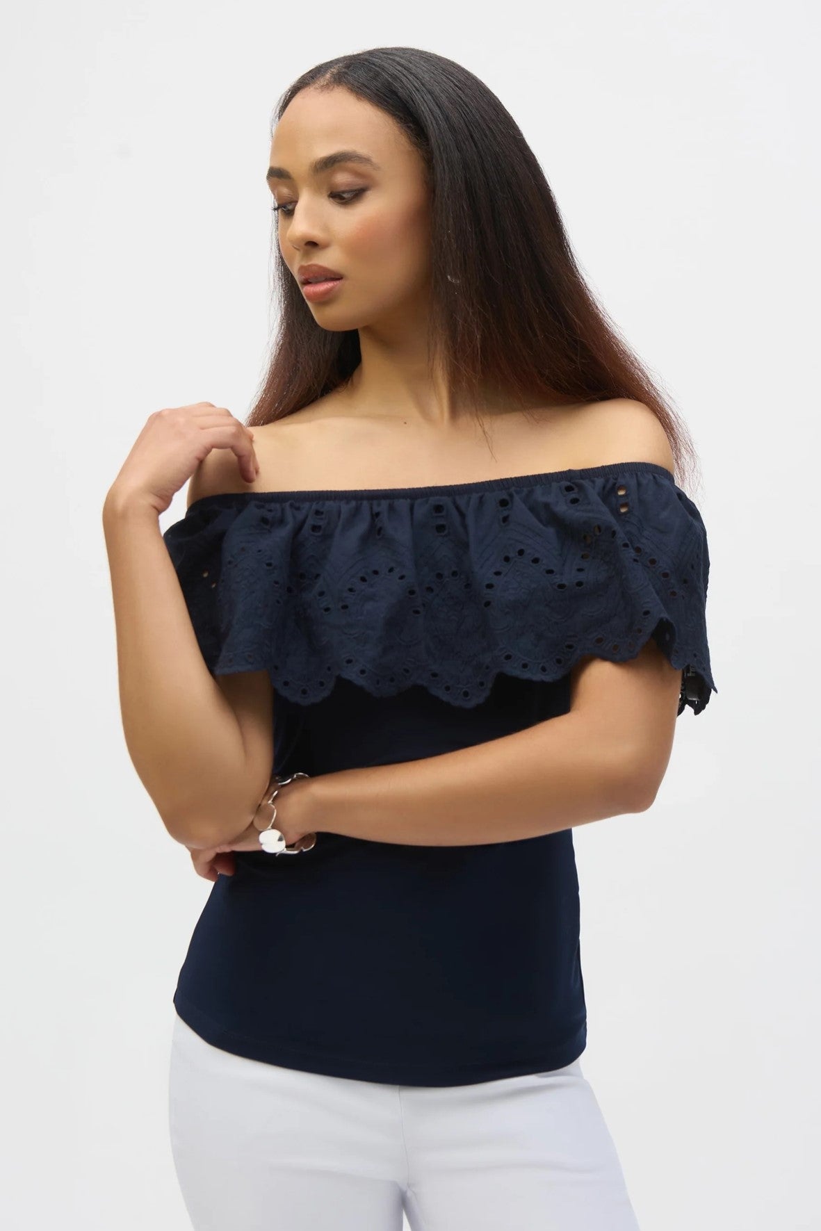 252134  Off-Shoulder Silky Knit & Lace Top