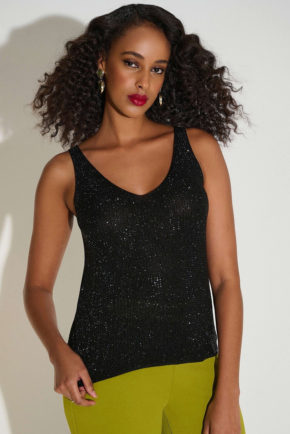 252959F25 Black Metallic Knitted Camisole with Rhinestones