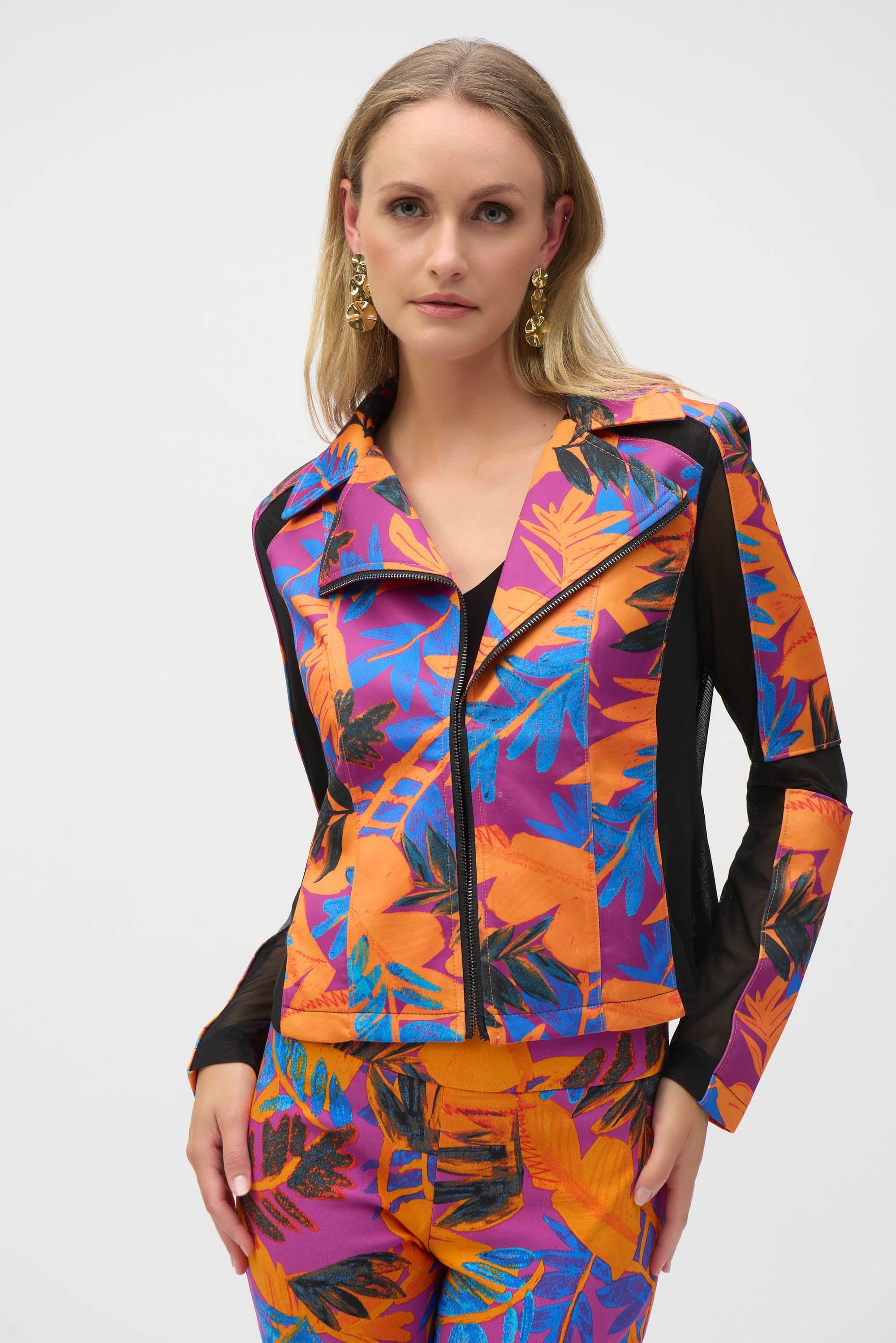 252919 Scuba Print Zip Panel Biker Jacket