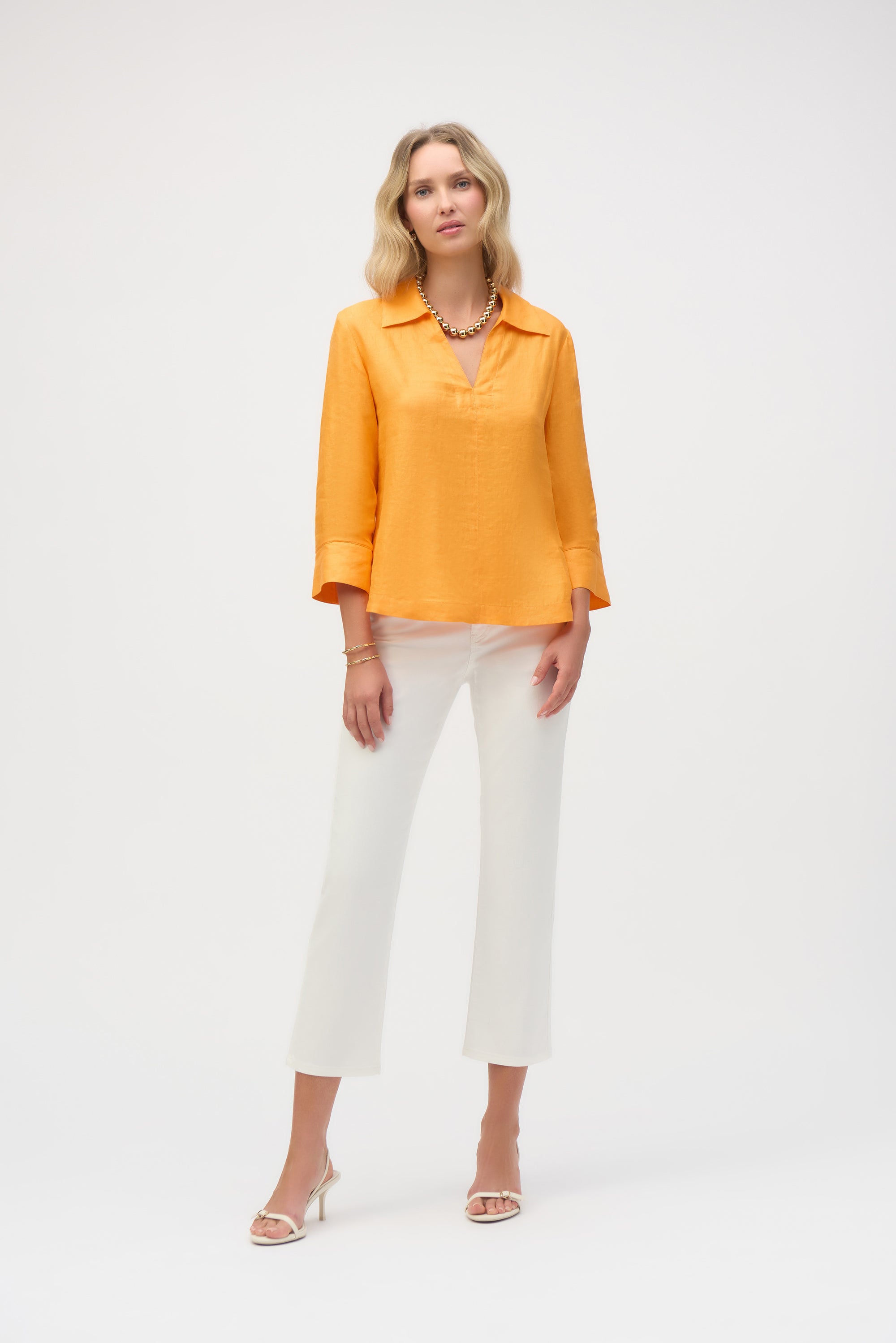 252933 Mandarin Linen Boxy Top with Shirt Collar
