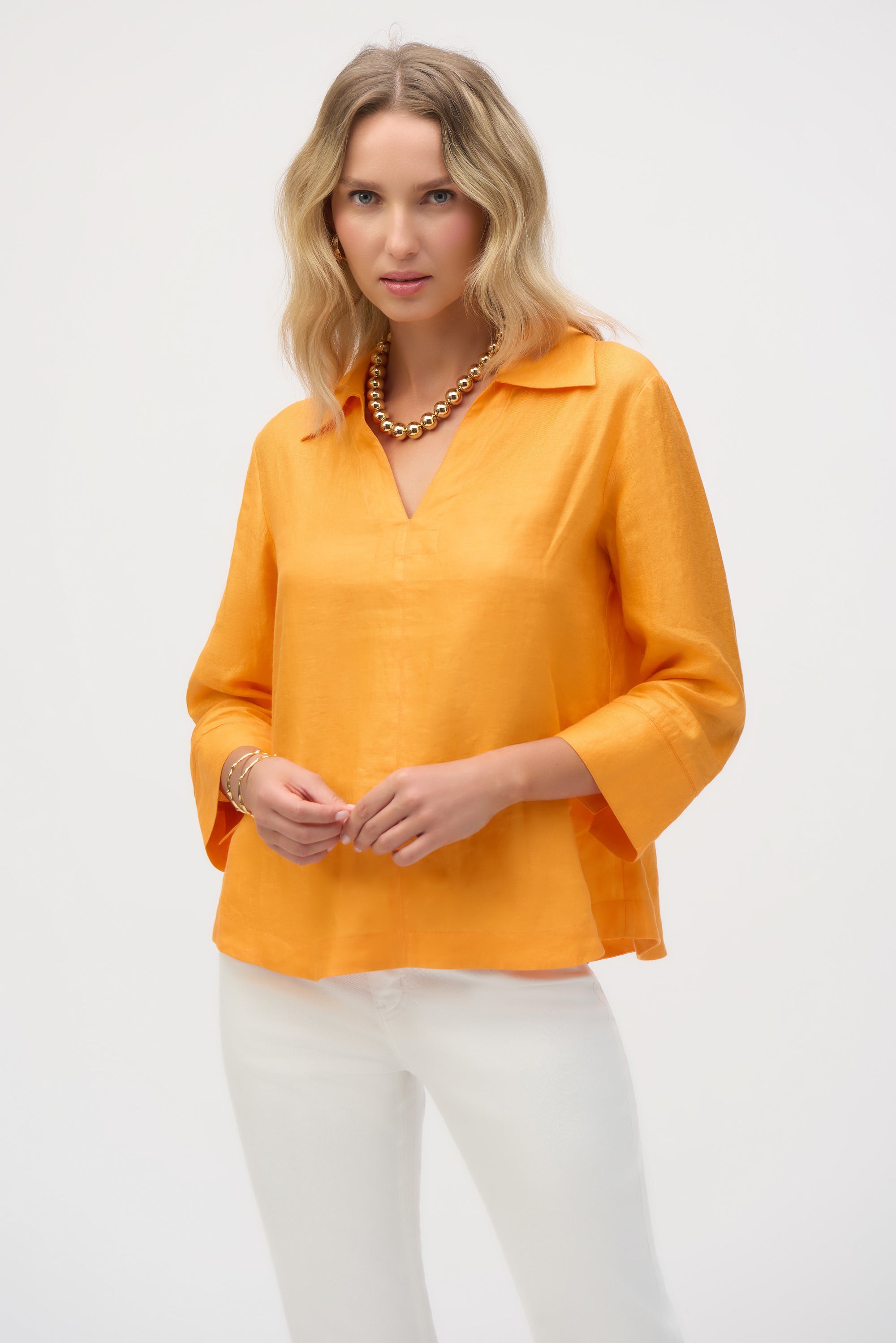 252933 Mandarin Linen Boxy Top with Shirt Collar