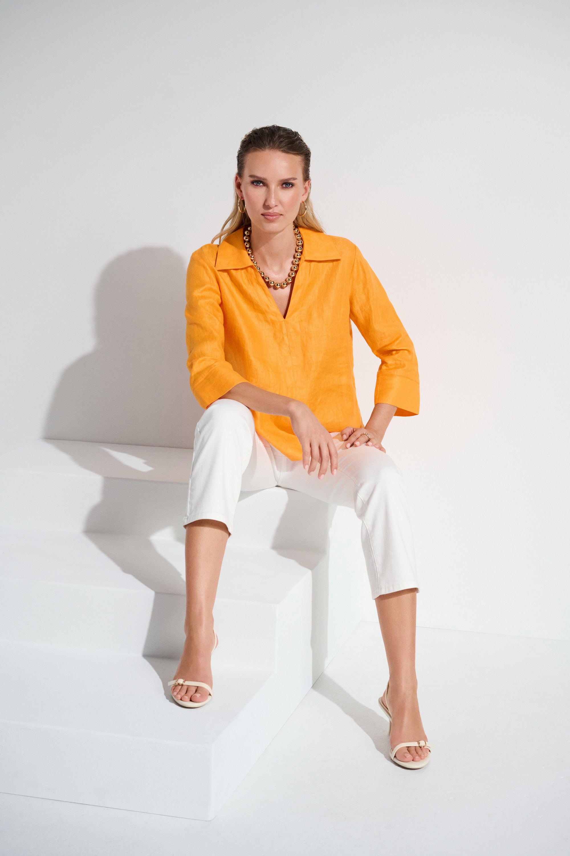 252933 Mandarin Linen Boxy Top with Shirt Collar