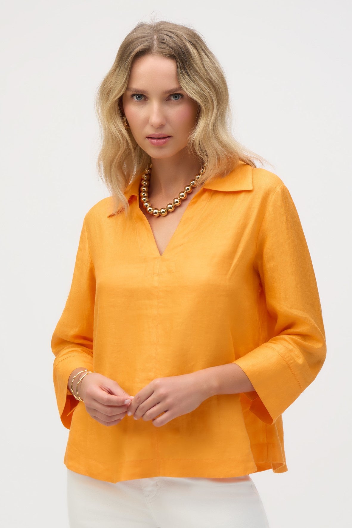252933 Mandarin Linen Boxy Top with Shirt Collar